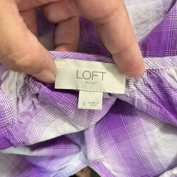 Loft Shirt Womens S Purple Plaid V-Neck Puff Sleeve Peasant Cottagecore Flowy - Picture 3 of 8
